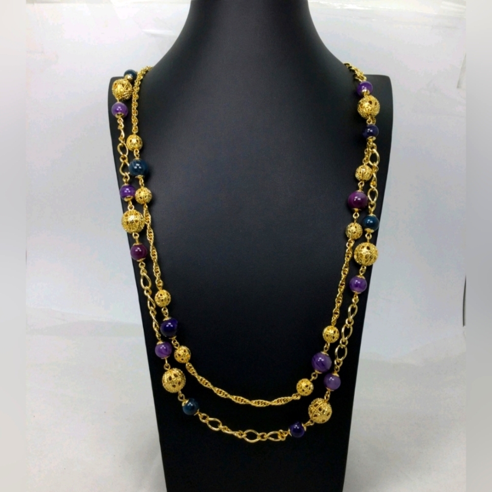Talbots Goldtone Purple Green Beaded Multi Strand Necklace NWOT 36"